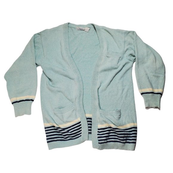 VTG 80s Corporate Woman Knit Cardigan Sweater Set Stripes S/S Top Open-Front - Picture 2 of 7